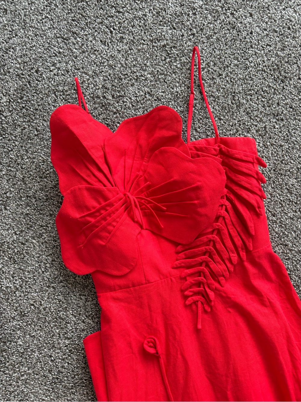 Farm Rio Red Garden Linen Flower Appliqué 3D Dress Size Small - Picture 2 of 6